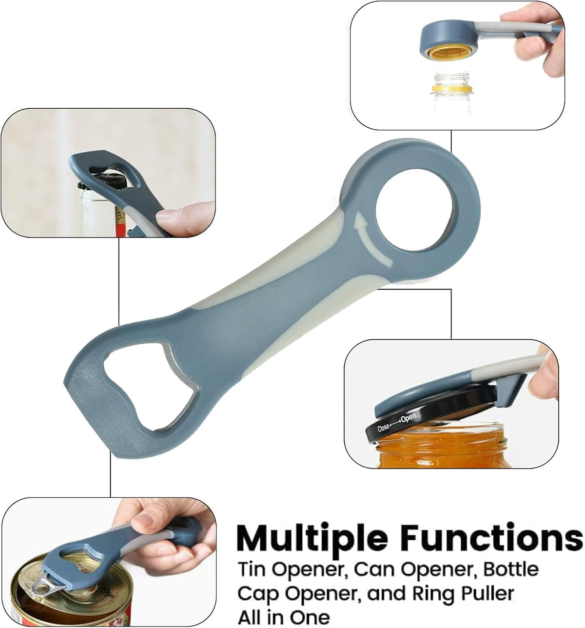 Pop Bottle Opener 4-in-1 Jar Top Twist Cap Remover Multifunctional Soda Can Tabs Opener for Seniors Grip Water Lid Lifter Kitchen Gadgets for Arthritis Easy Canning Tool Protector (Bule)