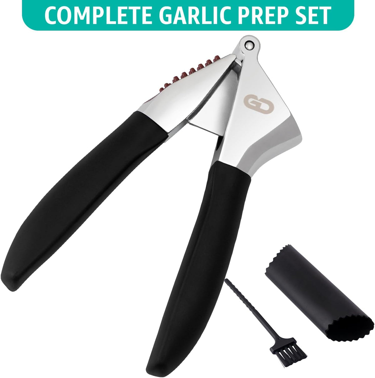 Garlic Press Set – Heavy Duty Garlic Crusher & Mincer | No Peel Required | Easy Squeeze & Clean | Ergonomic Handle | Ginger Press – Silicone Peeler & Cleaning Brush | Large Chamber Kitchen Tool