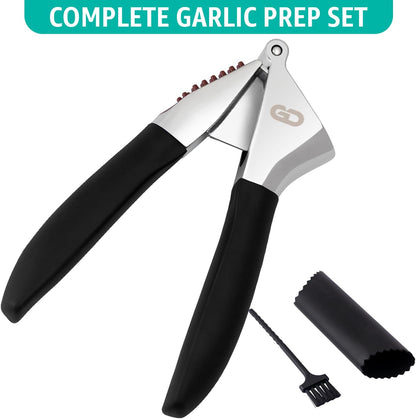 Garlic Press Set – Heavy Duty Garlic Crusher & Mincer | No Peel Required | Easy Squeeze & Clean | Ergonomic Handle | Ginger Press – Silicone Peeler & Cleaning Brush | Large Chamber Kitchen Tool
