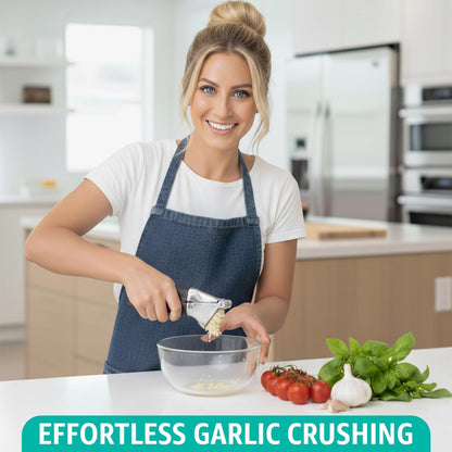 Garlic Press Set – Heavy Duty Garlic Crusher & Mincer | No Peel Required | Easy Squeeze & Clean | Ergonomic Handle | Ginger Press – Silicone Peeler & Cleaning Brush | Large Chamber Kitchen Tool