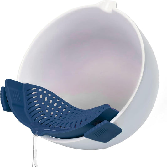 Fox Run Silicone Clip On Pot Strainer, Navy Kitchen Strainer For Pots, Pans and Bowls