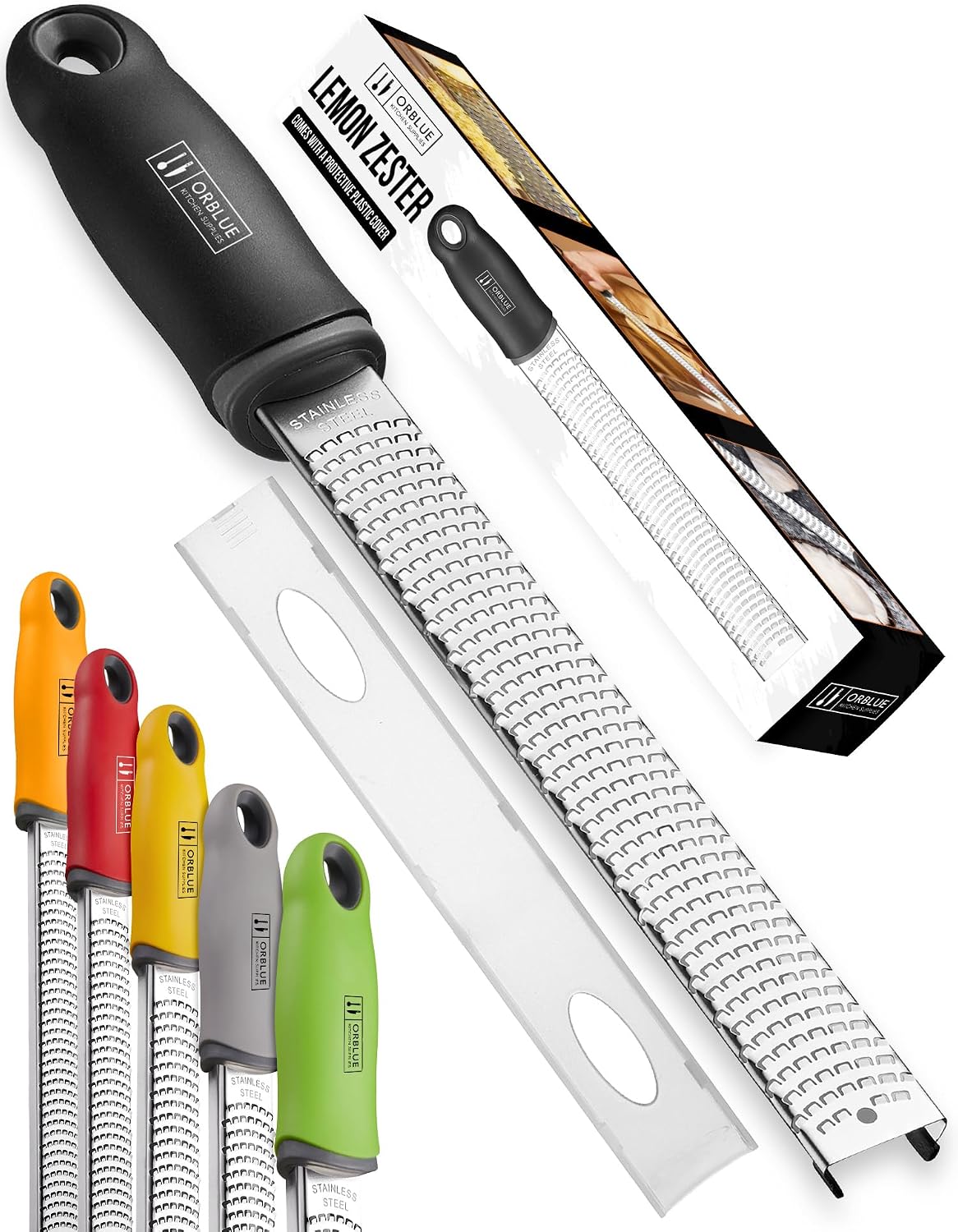 Lemon Zester & Cheese Grater - Premium Citrus Zester, Kitchen Grater for Parmesan, Chocolate, Fruits, Vegetables, Ginger, Garlic, Nutmeg - Stainless Steel Blades with Protective Cover, Black