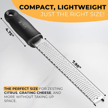 Lemon Zester & Cheese Grater - Premium Citrus Zester, Kitchen Grater for Parmesan, Chocolate, Fruits, Vegetables, Ginger, Garlic, Nutmeg - Stainless Steel Blades with Protective Cover, Black