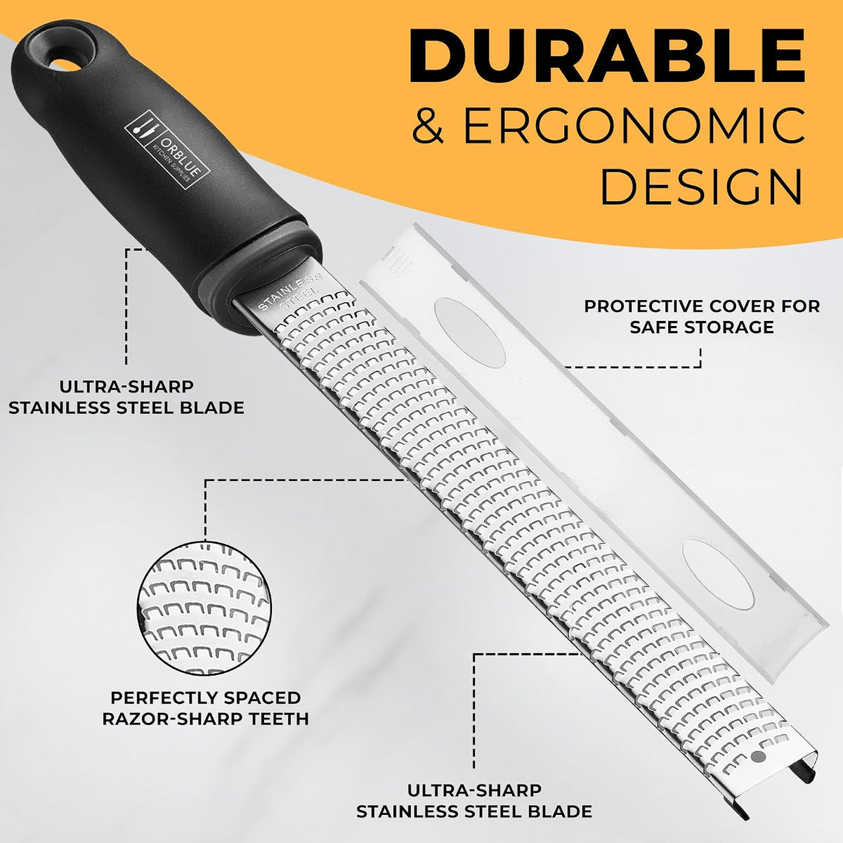 Lemon Zester & Cheese Grater - Premium Citrus Zester, Kitchen Grater for Parmesan, Chocolate, Fruits, Vegetables, Ginger, Garlic, Nutmeg - Stainless Steel Blades with Protective Cover, Black