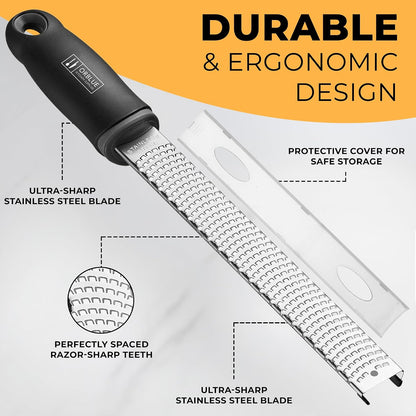 Lemon Zester & Cheese Grater - Premium Citrus Zester, Kitchen Grater for Parmesan, Chocolate, Fruits, Vegetables, Ginger, Garlic, Nutmeg - Stainless Steel Blades with Protective Cover, Black