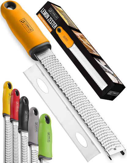 Lemon Zester & Cheese Grater - Premium Citrus Zester, Kitchen Grater for Parmesan, Chocolate, Fruits, Vegetables, Ginger, Garlic, Nutmeg - Stainless Steel Blades with Protective Cover, Black