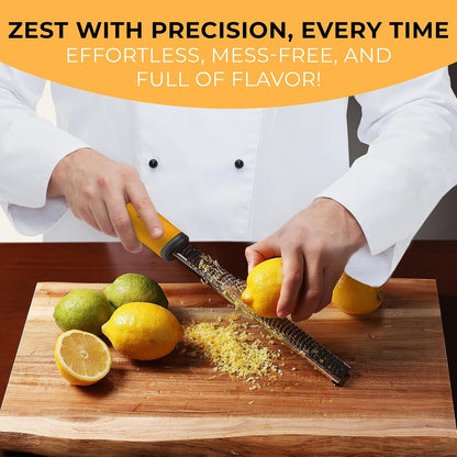 Lemon Zester & Cheese Grater - Premium Citrus Zester, Kitchen Grater for Parmesan, Chocolate, Fruits, Vegetables, Ginger, Garlic, Nutmeg - Stainless Steel Blades with Protective Cover, Black