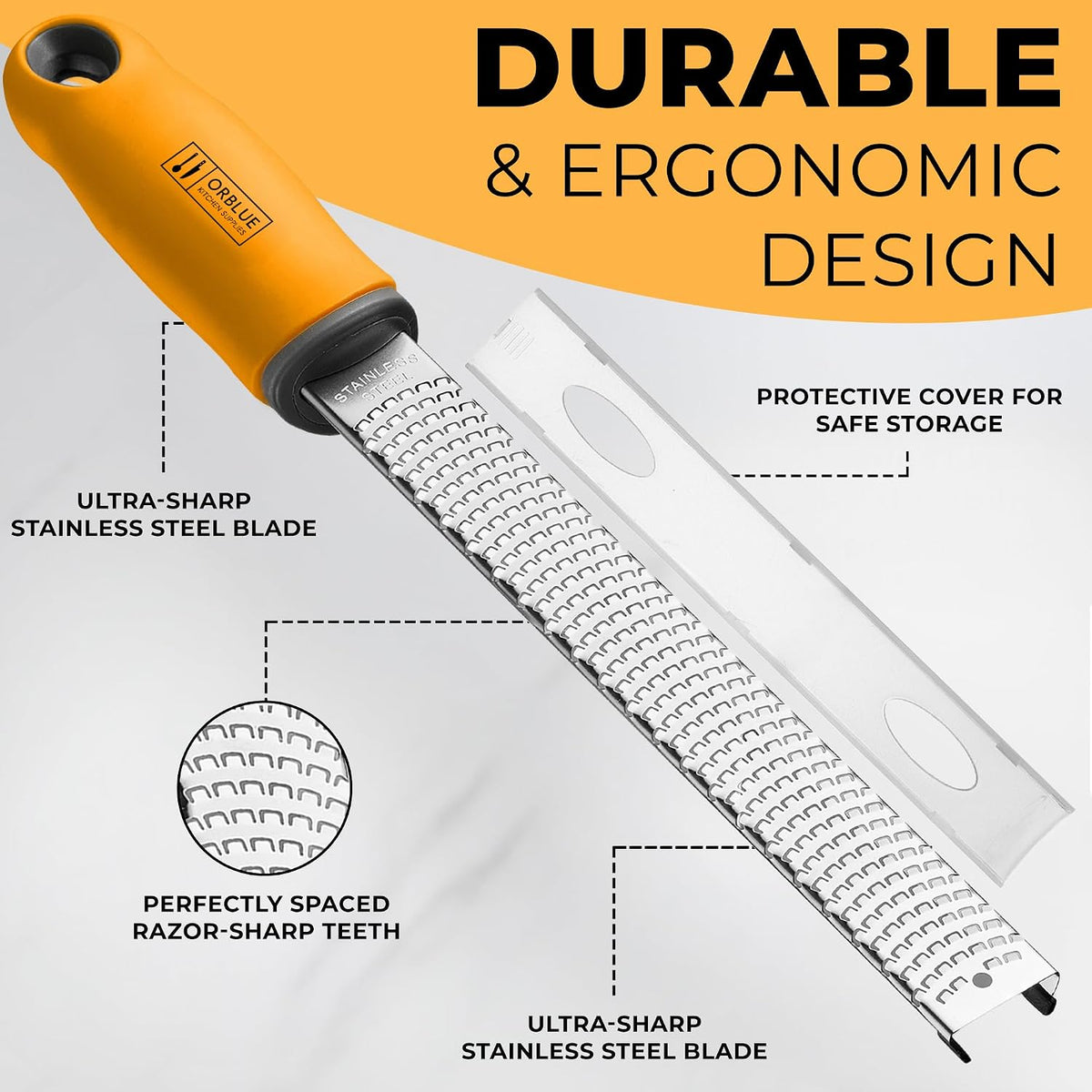 Lemon Zester & Cheese Grater - Premium Citrus Zester, Kitchen Grater for Parmesan, Chocolate, Fruits, Vegetables, Ginger, Garlic, Nutmeg - Stainless Steel Blades with Protective Cover, Black