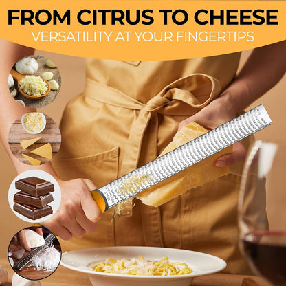 Lemon Zester & Cheese Grater - Premium Citrus Zester, Kitchen Grater for Parmesan, Chocolate, Fruits, Vegetables, Ginger, Garlic, Nutmeg - Stainless Steel Blades with Protective Cover, Black