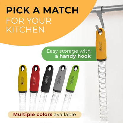 Lemon Zester & Cheese Grater - Premium Citrus Zester, Kitchen Grater for Parmesan, Chocolate, Fruits, Vegetables, Ginger, Garlic, Nutmeg - Stainless Steel Blades with Protective Cover, Black