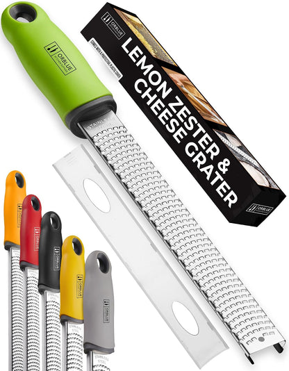 Lemon Zester & Cheese Grater - Premium Citrus Zester, Kitchen Grater for Parmesan, Chocolate, Fruits, Vegetables, Ginger, Garlic, Nutmeg - Stainless Steel Blades with Protective Cover, Black