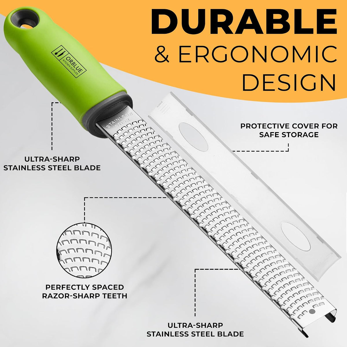 Lemon Zester & Cheese Grater - Premium Citrus Zester, Kitchen Grater for Parmesan, Chocolate, Fruits, Vegetables, Ginger, Garlic, Nutmeg - Stainless Steel Blades with Protective Cover, Black