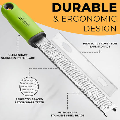 Lemon Zester & Cheese Grater - Premium Citrus Zester, Kitchen Grater for Parmesan, Chocolate, Fruits, Vegetables, Ginger, Garlic, Nutmeg - Stainless Steel Blades with Protective Cover, Black