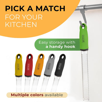 Lemon Zester & Cheese Grater - Premium Citrus Zester, Kitchen Grater for Parmesan, Chocolate, Fruits, Vegetables, Ginger, Garlic, Nutmeg - Stainless Steel Blades with Protective Cover, Black