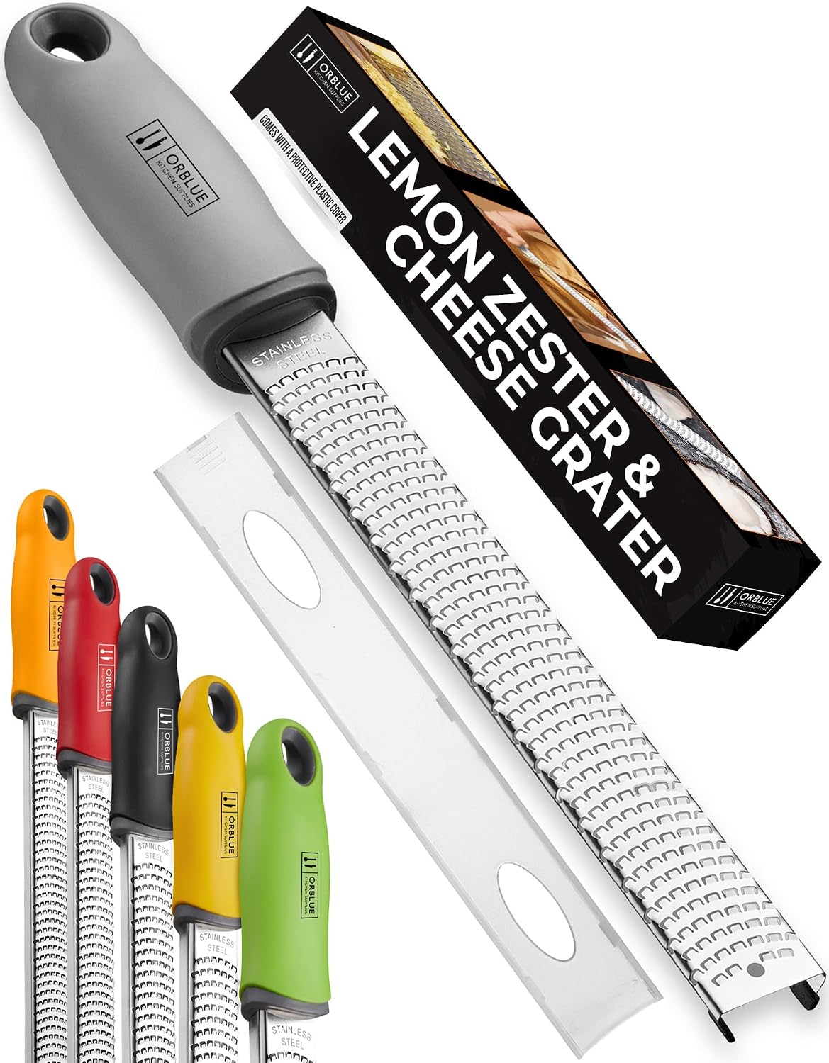 Lemon Zester & Cheese Grater - Premium Citrus Zester, Kitchen Grater for Parmesan, Chocolate, Fruits, Vegetables, Ginger, Garlic, Nutmeg - Stainless Steel Blades with Protective Cover, Black
