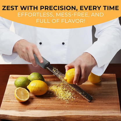 Lemon Zester & Cheese Grater - Premium Citrus Zester, Kitchen Grater for Parmesan, Chocolate, Fruits, Vegetables, Ginger, Garlic, Nutmeg - Stainless Steel Blades with Protective Cover, Black