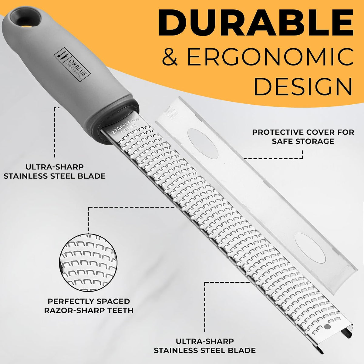 Lemon Zester & Cheese Grater - Premium Citrus Zester, Kitchen Grater for Parmesan, Chocolate, Fruits, Vegetables, Ginger, Garlic, Nutmeg - Stainless Steel Blades with Protective Cover, Black