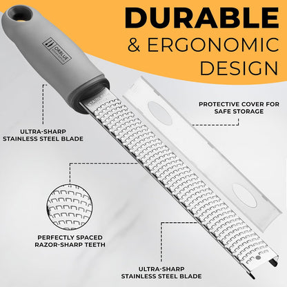 Lemon Zester & Cheese Grater - Premium Citrus Zester, Kitchen Grater for Parmesan, Chocolate, Fruits, Vegetables, Ginger, Garlic, Nutmeg - Stainless Steel Blades with Protective Cover, Black