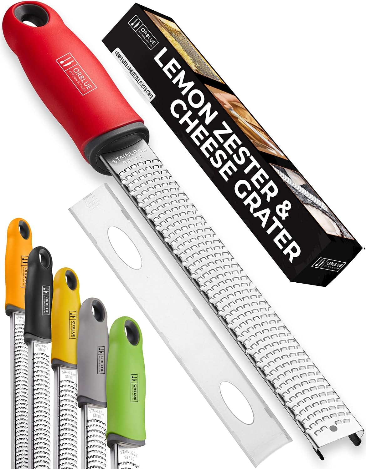 Lemon Zester & Cheese Grater - Premium Citrus Zester, Kitchen Grater for Parmesan, Chocolate, Fruits, Vegetables, Ginger, Garlic, Nutmeg - Stainless Steel Blades with Protective Cover, Black