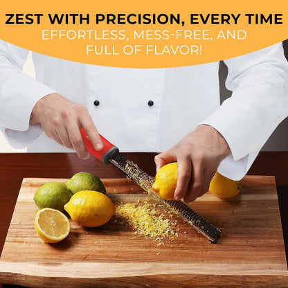 Lemon Zester & Cheese Grater - Premium Citrus Zester, Kitchen Grater for Parmesan, Chocolate, Fruits, Vegetables, Ginger, Garlic, Nutmeg - Stainless Steel Blades with Protective Cover, Black