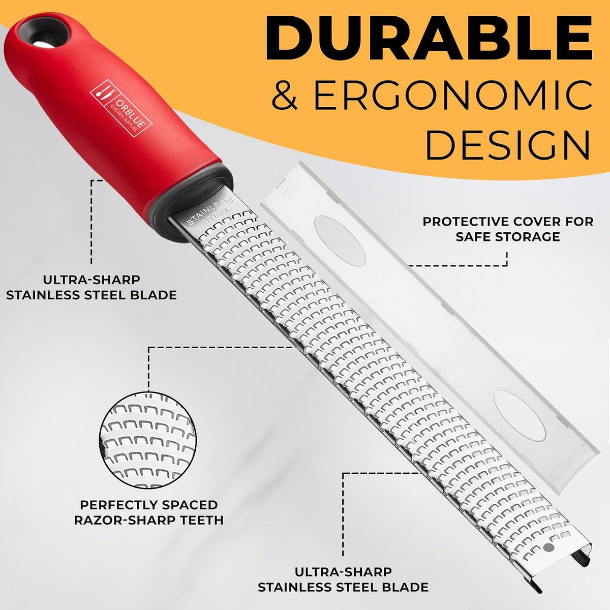 Lemon Zester & Cheese Grater - Premium Citrus Zester, Kitchen Grater for Parmesan, Chocolate, Fruits, Vegetables, Ginger, Garlic, Nutmeg - Stainless Steel Blades with Protective Cover, Black