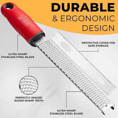 Lemon Zester & Cheese Grater - Premium Citrus Zester, Kitchen Grater for Parmesan, Chocolate, Fruits, Vegetables, Ginger, Garlic, Nutmeg - Stainless Steel Blades with Protective Cover, Black
