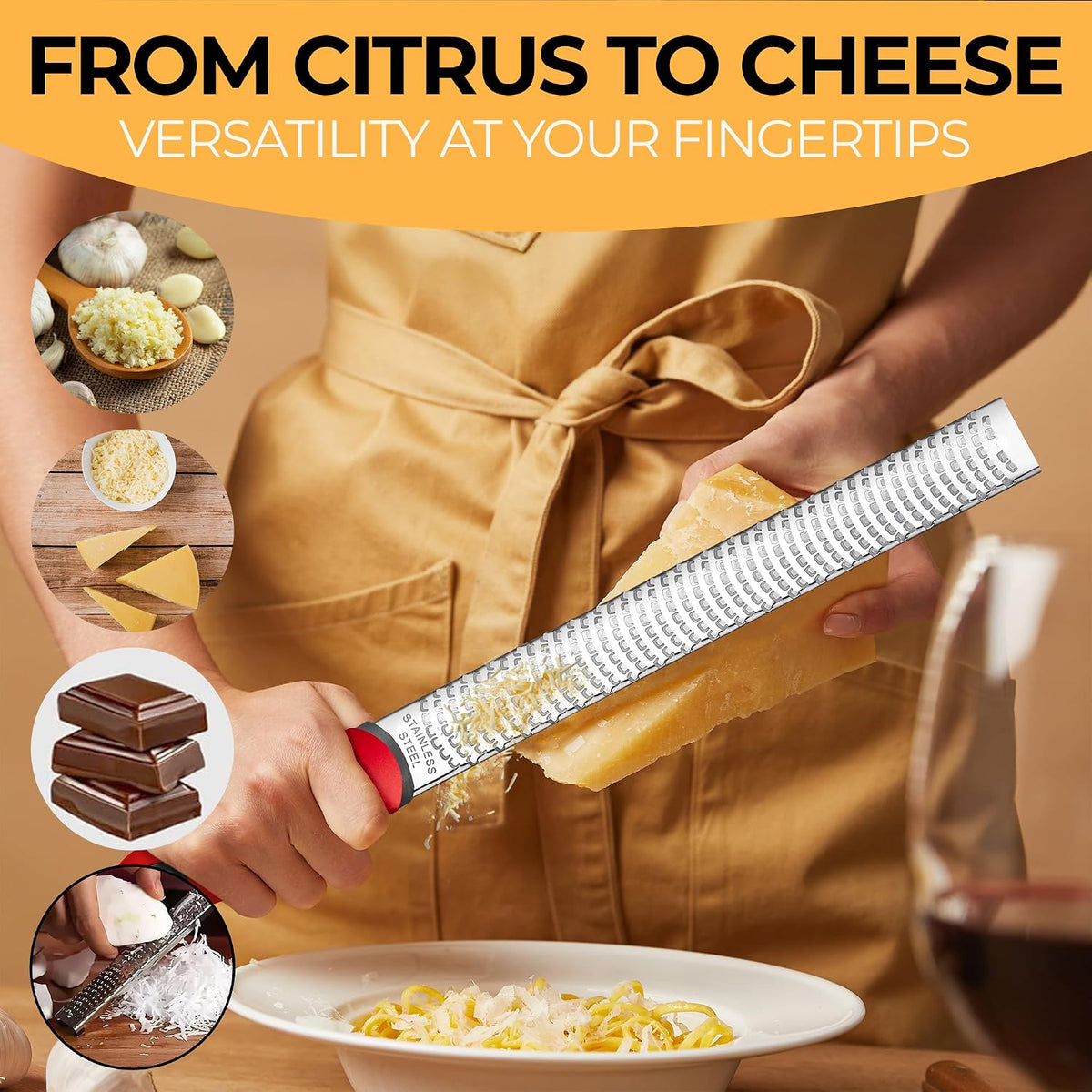 Lemon Zester & Cheese Grater - Premium Citrus Zester, Kitchen Grater for Parmesan, Chocolate, Fruits, Vegetables, Ginger, Garlic, Nutmeg - Stainless Steel Blades with Protective Cover, Black