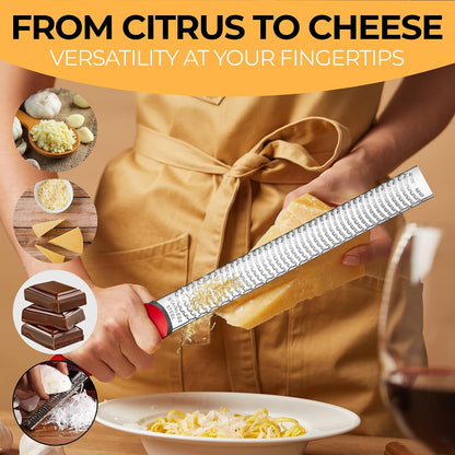 Lemon Zester & Cheese Grater - Premium Citrus Zester, Kitchen Grater for Parmesan, Chocolate, Fruits, Vegetables, Ginger, Garlic, Nutmeg - Stainless Steel Blades with Protective Cover, Black