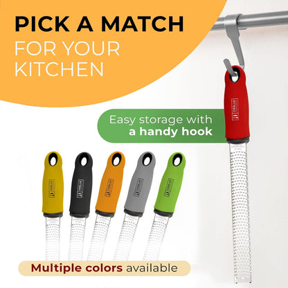 Lemon Zester & Cheese Grater - Premium Citrus Zester, Kitchen Grater for Parmesan, Chocolate, Fruits, Vegetables, Ginger, Garlic, Nutmeg - Stainless Steel Blades with Protective Cover, Black