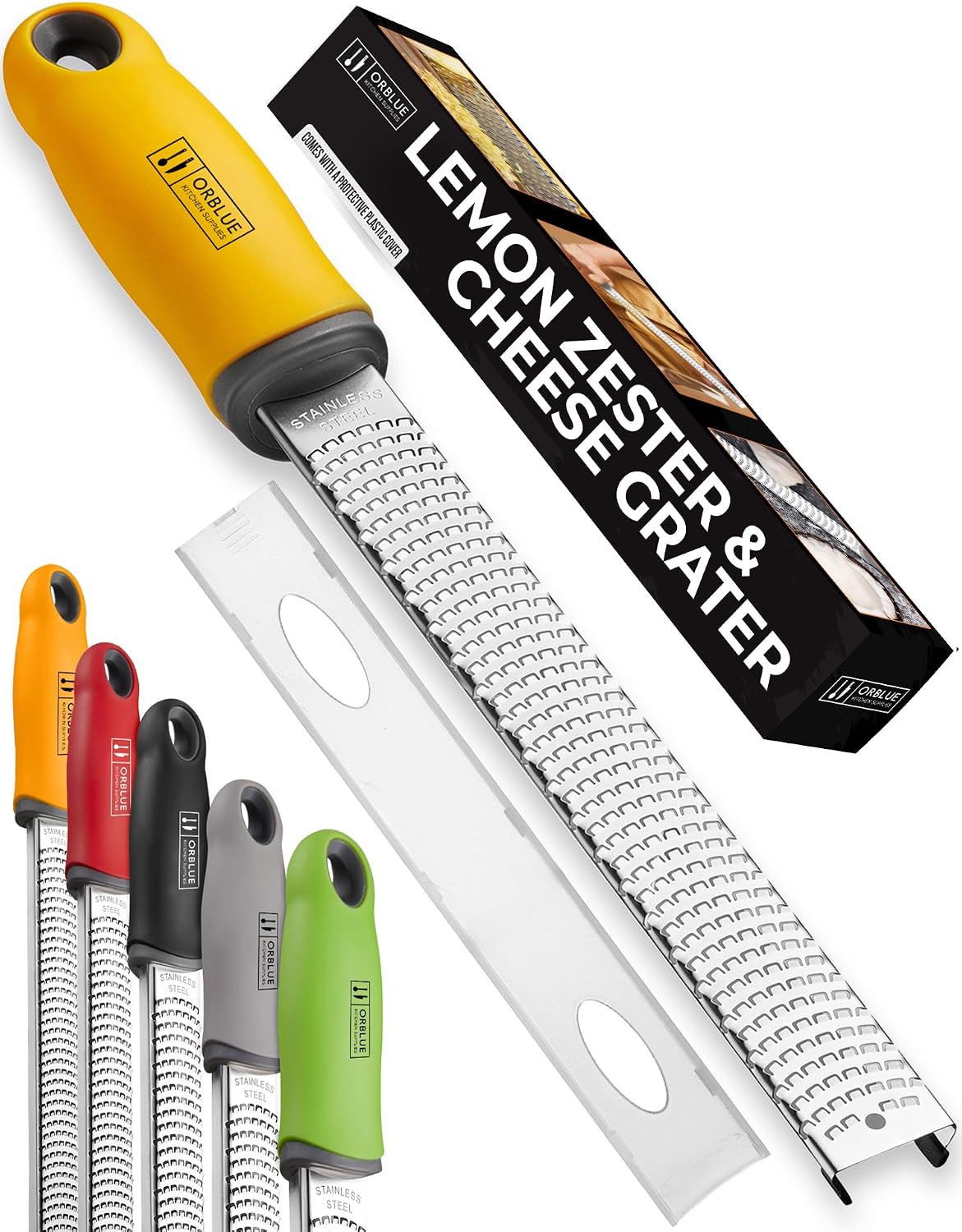 Lemon Zester & Cheese Grater - Premium Citrus Zester, Kitchen Grater for Parmesan, Chocolate, Fruits, Vegetables, Ginger, Garlic, Nutmeg - Stainless Steel Blades with Protective Cover, Black