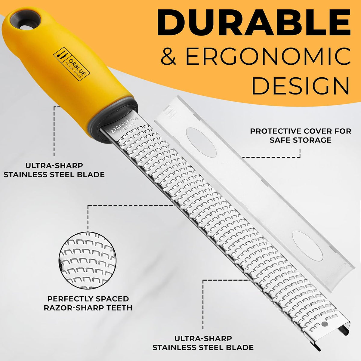 Lemon Zester & Cheese Grater - Premium Citrus Zester, Kitchen Grater for Parmesan, Chocolate, Fruits, Vegetables, Ginger, Garlic, Nutmeg - Stainless Steel Blades with Protective Cover, Black
