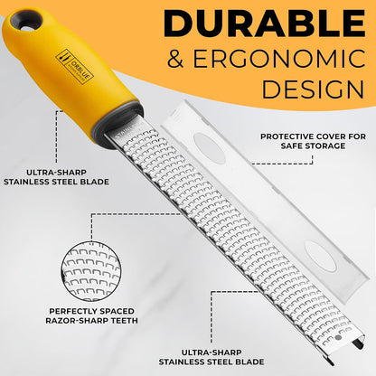 Lemon Zester & Cheese Grater - Premium Citrus Zester, Kitchen Grater for Parmesan, Chocolate, Fruits, Vegetables, Ginger, Garlic, Nutmeg - Stainless Steel Blades with Protective Cover, Black