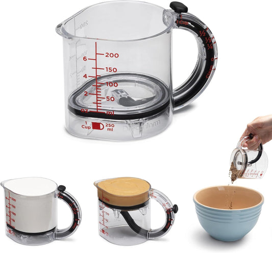 Upcup All-in-1 Adjustable Measuring Cup, Metric & Imperial Measurements up to 1 Cup - Black/Clear | Measures dry and liquid ingredients and scrapes itself clean, easy-to-read metric and imperial measurements, microwave safe