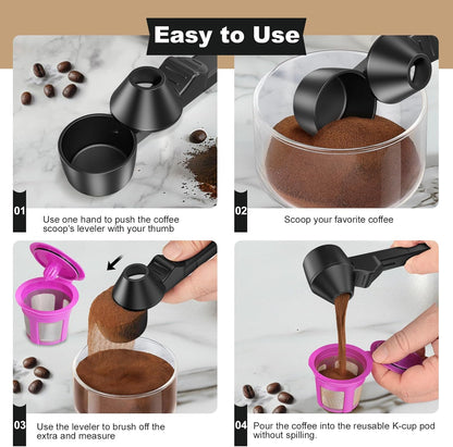 Coffee Scoop & Funnel for Reusable K Cup Refillable Coffee Pods, Coffee Measuring Spoon 2 Tablespoon Capacity, Scoop with Funnel for Ground Coffee, Protein Powder, Tea (Black, 1 Pack)