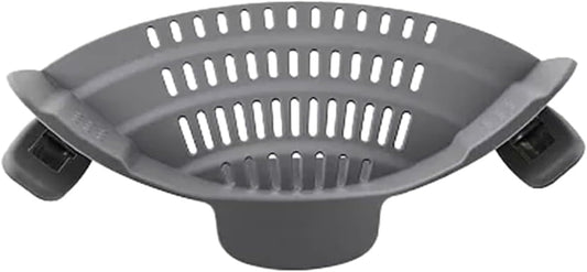 Clip‑On Pot Strainer Silicone Gray Dishwasher‑Safe Side‑Mount Design 9.4×4.6×2.5 Inches | Snap Drain Colander for Pans Bowls Skillets | Heat‑Resistant Kitchen Gadget Splash‑Guard