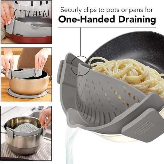 Clip‑On Pot Strainer Silicone Gray Dishwasher‑Safe Side‑Mount Design 9.4×4.6×2.5 Inches | Snap Drain Colander for Pans Bowls Skillets | Heat‑Resistant Kitchen Gadget Splash‑Guard
