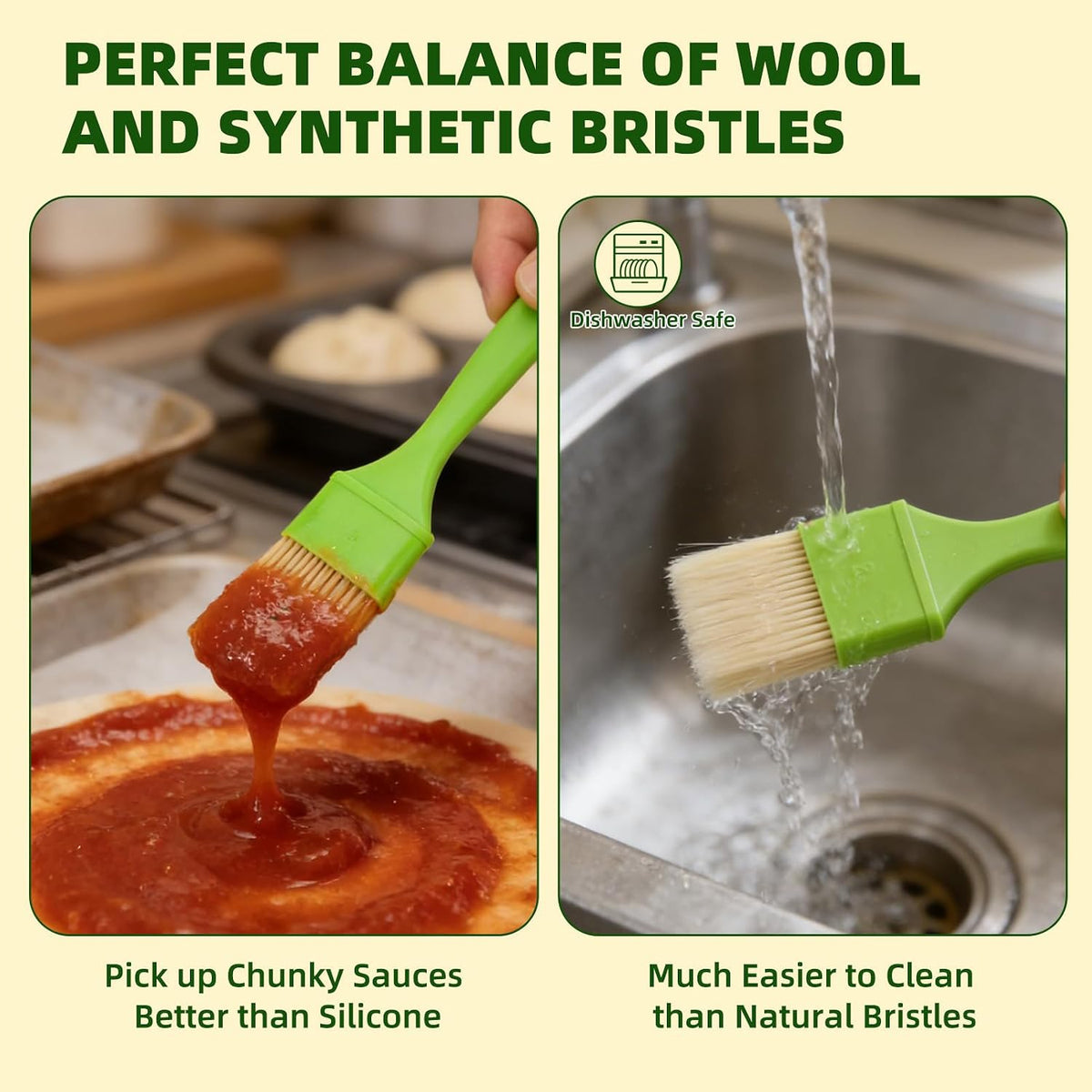 3 Pcs Pastry Brush Set, 1/1/2 inch Bristle Basting Brushes for Cooking, Heat Resistant, Kitchen Brush for Oil, BBQ Grill, Butter Sauce, Baking, with Hang Hole Design Green