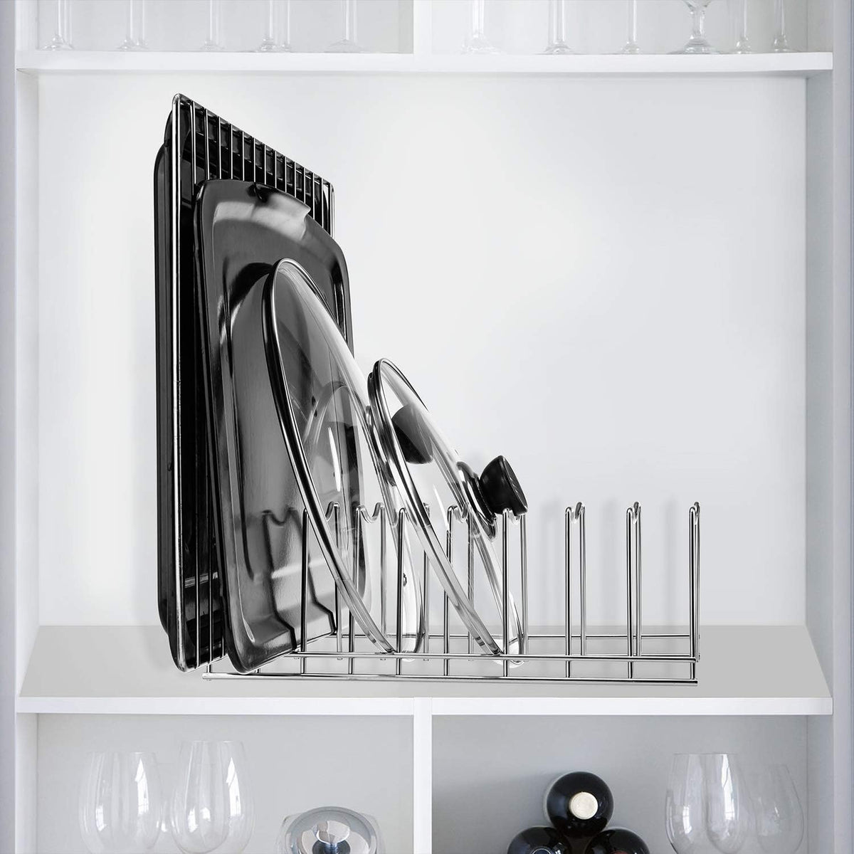 Pot Lid Organizer, Pot Lid Rack Holder, Rest Cutting Board, Bakeware, Pots & Pans, Serving Trays, Reusable Containers in Cabinet Pantry, Stainless Steel