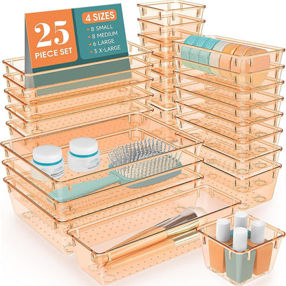 25 PCS Clear Plastic Drawer Organizer, Makeup Organizers and Storage Bins