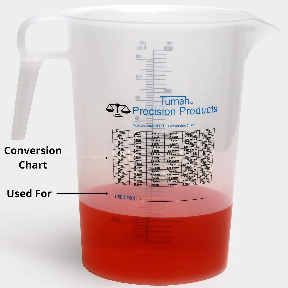 One Gallon 128oz Measure Pitcher - Convenient Conversion Chart - Strong Food Grade - Great for Lawn, Chemicals Pool, Ag, Lye, Home Hobbies, Motor Oil, Fluids - Precision Products, Made in USA