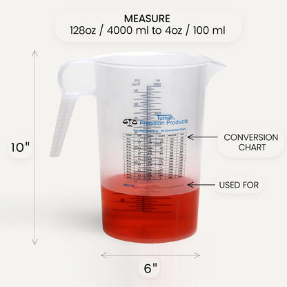 One Gallon 128oz Measure Pitcher - Convenient Conversion Chart - Strong Food Grade - Great for Lawn, Chemicals Pool, Ag, Lye, Home Hobbies, Motor Oil, Fluids - Precision Products, Made in USA