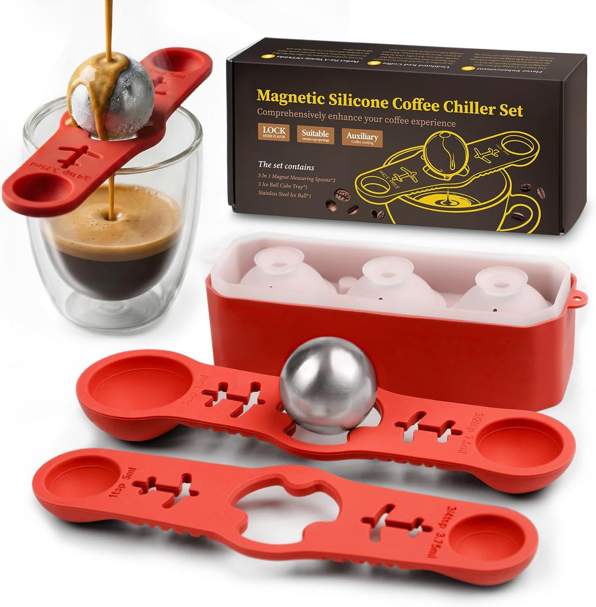 Espresso Cooling Ball Set for Morning Brew & Home Bar - Rapidly Chills Espresso Without Dilution, with Magnetic Measuring Spoons & Silicone Ice Tray, for Coffee, Cocktails & Whiskey (Green)