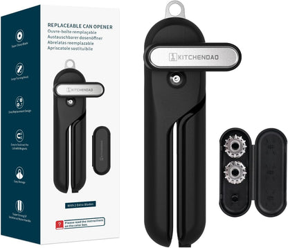 Replaceable Can Opener with 2 Extra Blades, Super Sharp Manual Can Opener with Magnet, Smooth Edge Cut Handheld Tin Opener, Large Turning Knob for Seniors & Arthritis, Black