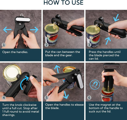 Replaceable Can Opener with 2 Extra Blades, Super Sharp Manual Can Opener with Magnet, Smooth Edge Cut Handheld Tin Opener, Large Turning Knob for Seniors & Arthritis, Black