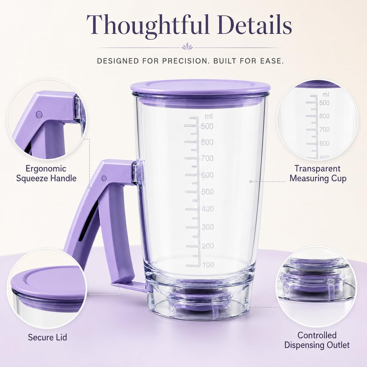 Pancake Batter Dispenser, Purple Measuring Cup for Baking