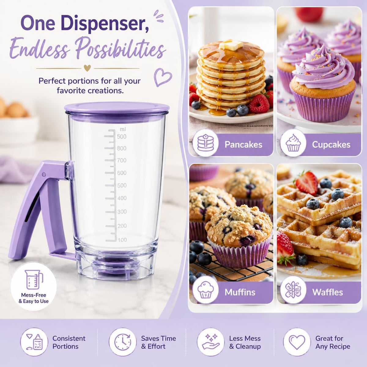 Pancake Batter Dispenser, Purple Measuring Cup for Baking