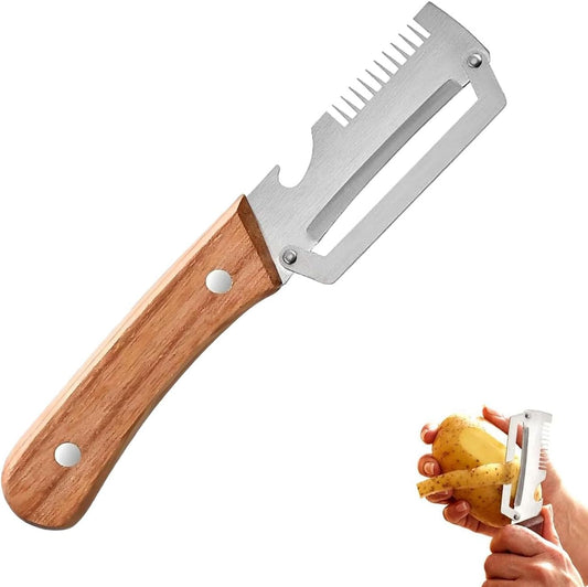Multi-Functional Vegetable Peeler, 3 in 1 Multi Functional Wooden Handle Peeler and Bottle Opener, Kitchen Gadgets Tool for Fruit Pumpkin Peeling Potato Carrot Veggie Peeler