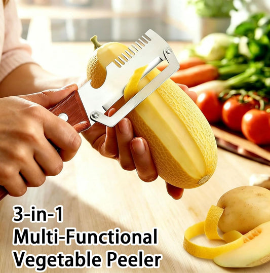 Multi-Functional Vegetable Peeler, 3 in 1 Multi Functional Wooden Handle Peeler and Bottle Opener, Kitchen Gadgets Tool for Fruit Pumpkin Peeling Potato Carrot Veggie Peeler
