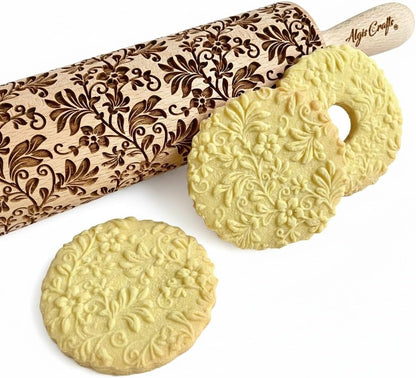 FLORAL WREATH Embossing Rolling Pin with Flowers Pattern. Dough and Clay Roller for Embossed Cookies and Pottery. Cookie and Ceramic Stamp. Backing Gifts for Women
