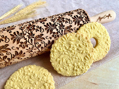 FLORAL WREATH Embossing Rolling Pin with Flowers Pattern. Dough and Clay Roller for Embossed Cookies and Pottery. Cookie and Ceramic Stamp. Backing Gifts for Women